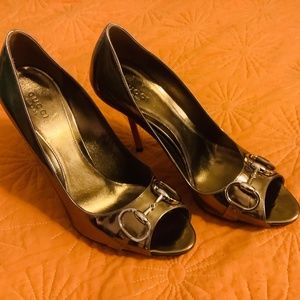 Gucci Bronze Metallic Peep Toe Horsebit Stilettos